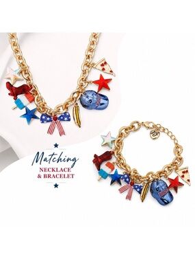 Betsey Johnson Patriotic Set Matching Charm Necklace & Bracelet Americana USA
